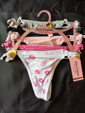 New Juicy Couture 5-Pack Pink White Black Gray Lip Print Thongs Size Small